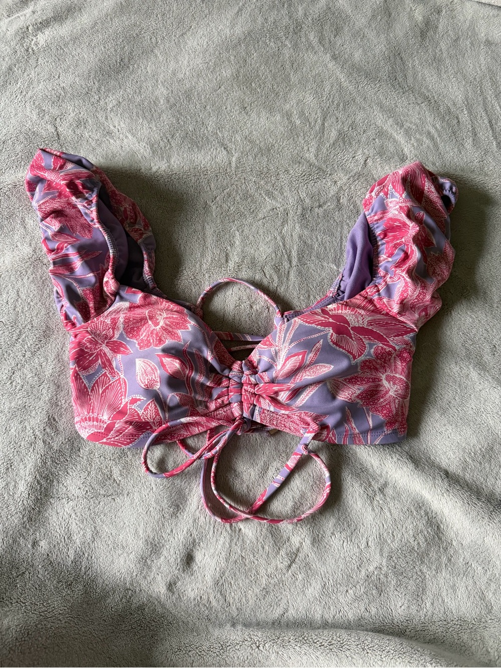 Time and Tru Pink & Lavender Floral Ruffle Bandeau Bikini Top
